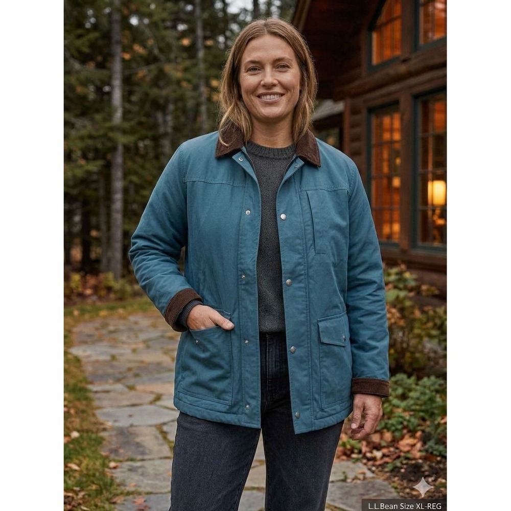 VTG LL Bean Thinsulate Field Coat XL Blue Canvas Barn Jacket Corduroy Collar